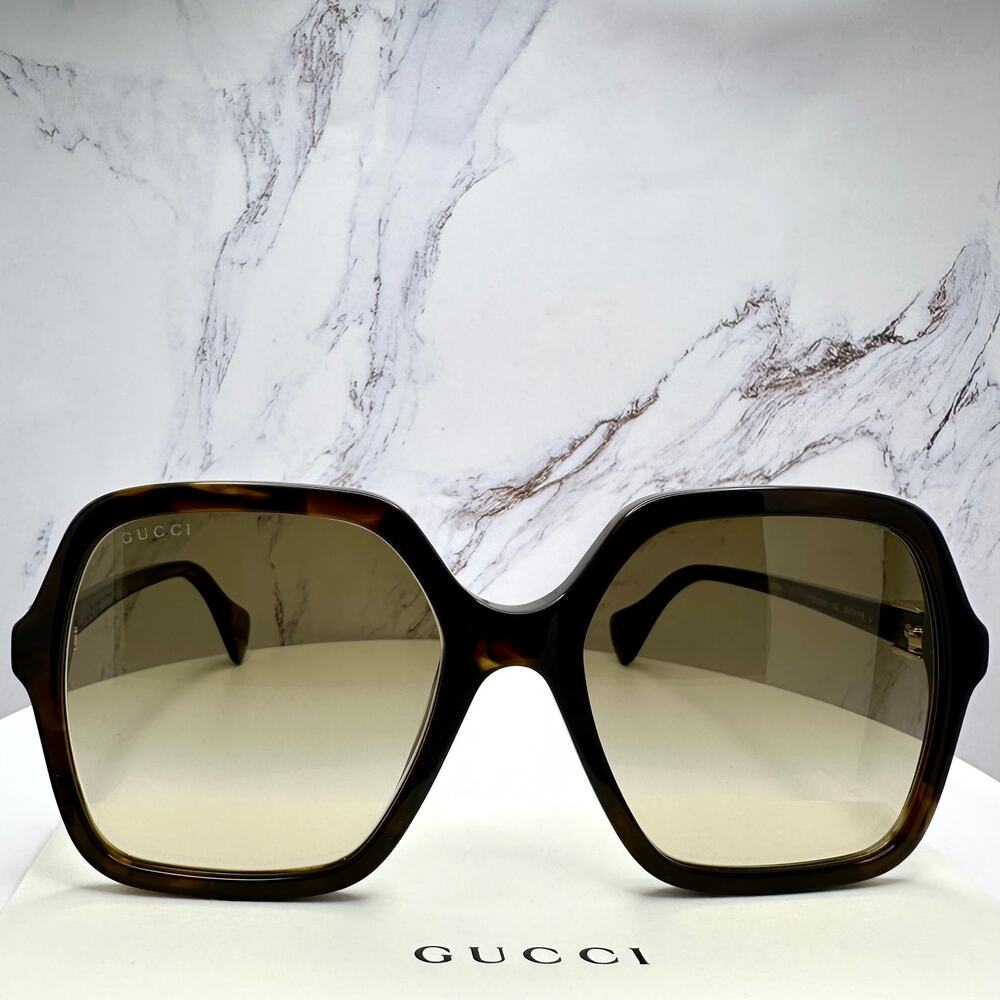 New GUCCI Sunglasses Brown Square Oversized Gold Metal GG Logo 56mm - Picture 2 of 16